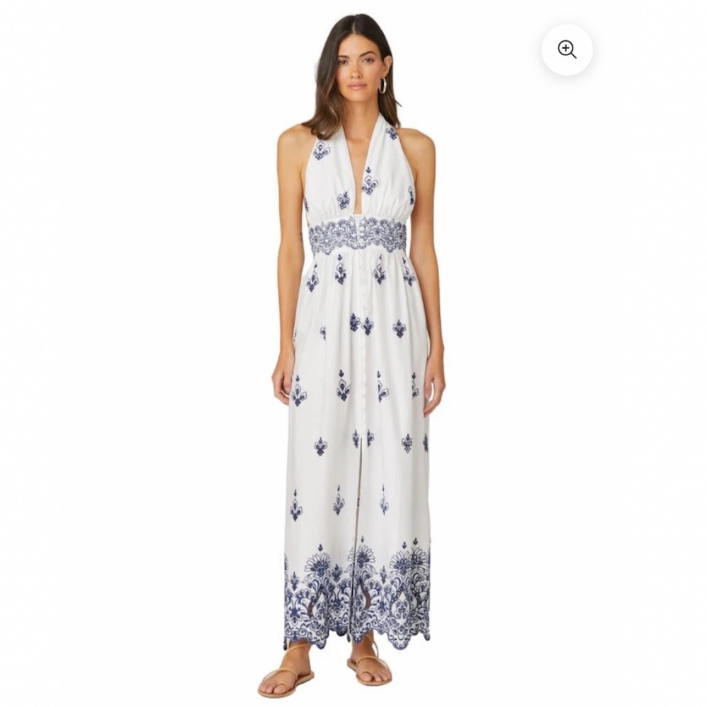 Shoshanna NWT Embroidered Halter Maxi Dress Marguerite White Navy Size L